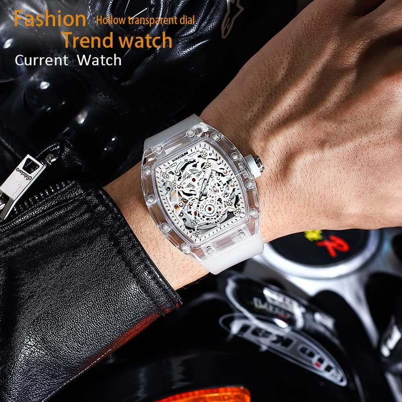 Fashion Hollowed Men Watches Tonneau Transparent Analog Display Silicone Strap Calendar Quartz Waterproof Trend Male Wrist Watch